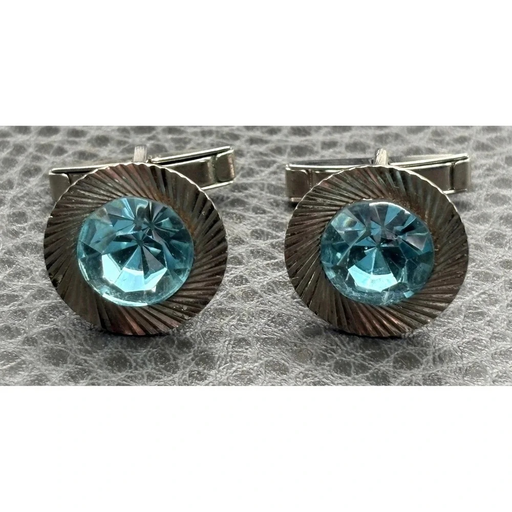 Vintage Faux Blue Topaz Crystal Rhinestone Etched Cufflinks Silver Tone